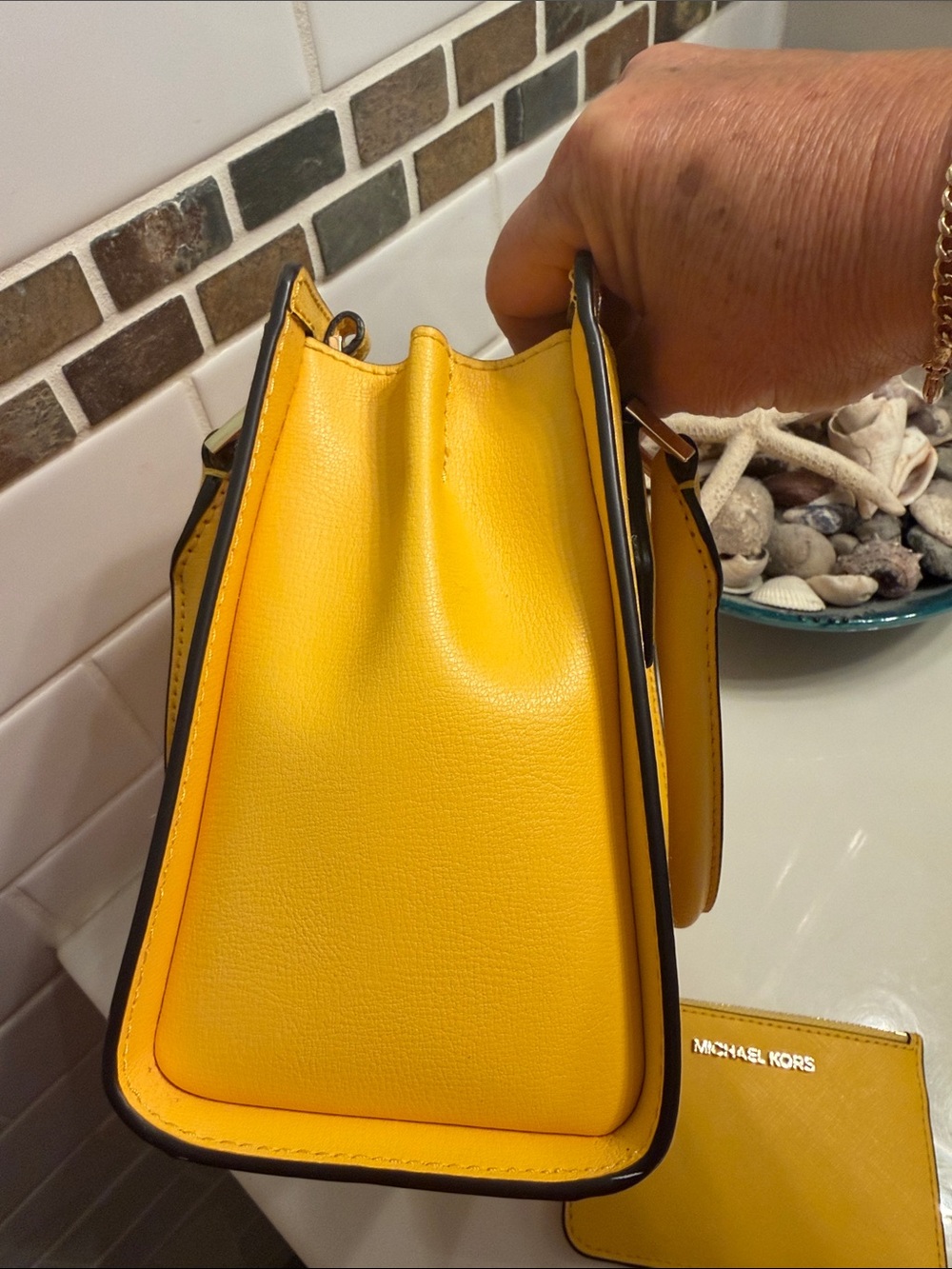 Michael Kors Yellow Leather Satchel with Zip Card Case - Picture 5 of 11
